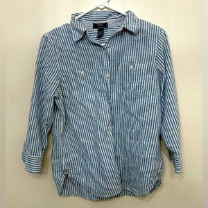Chaps Petite Large Denim 3/4 length button up shirt. Color: Denim/white